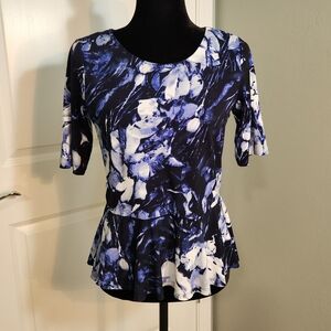 Vince Camuto Navy and White Floral Peplum Blouse